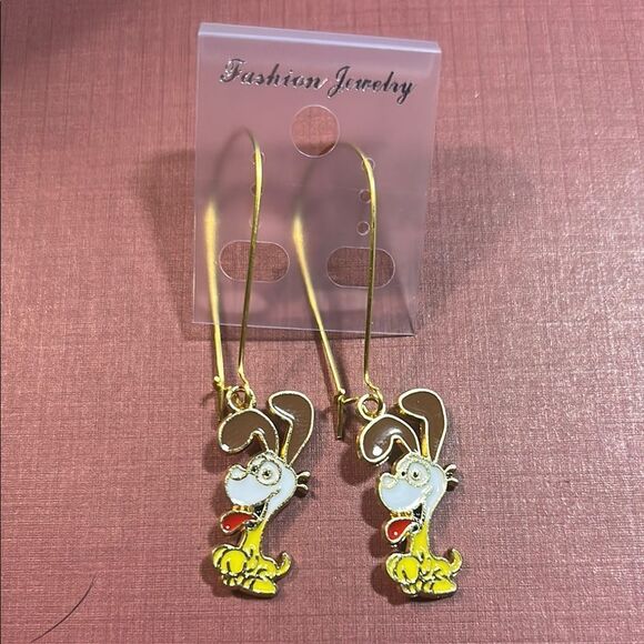 Gold and White Cartoon Dog Earrings - Picture 1 of 1